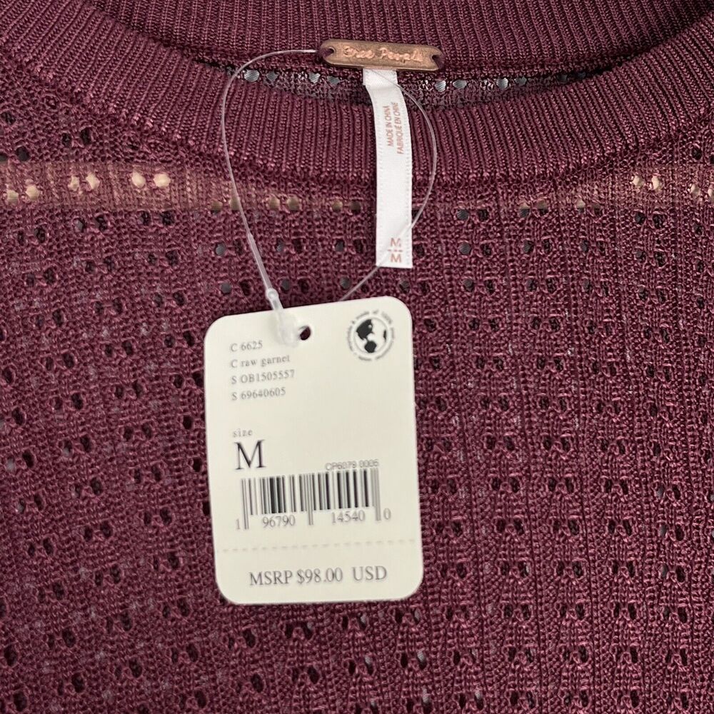 Free People H20 Crew Pullover Top Raw Garnet Sz M Ribbed Mesh Cropped Stretch - Picture 6 of 8